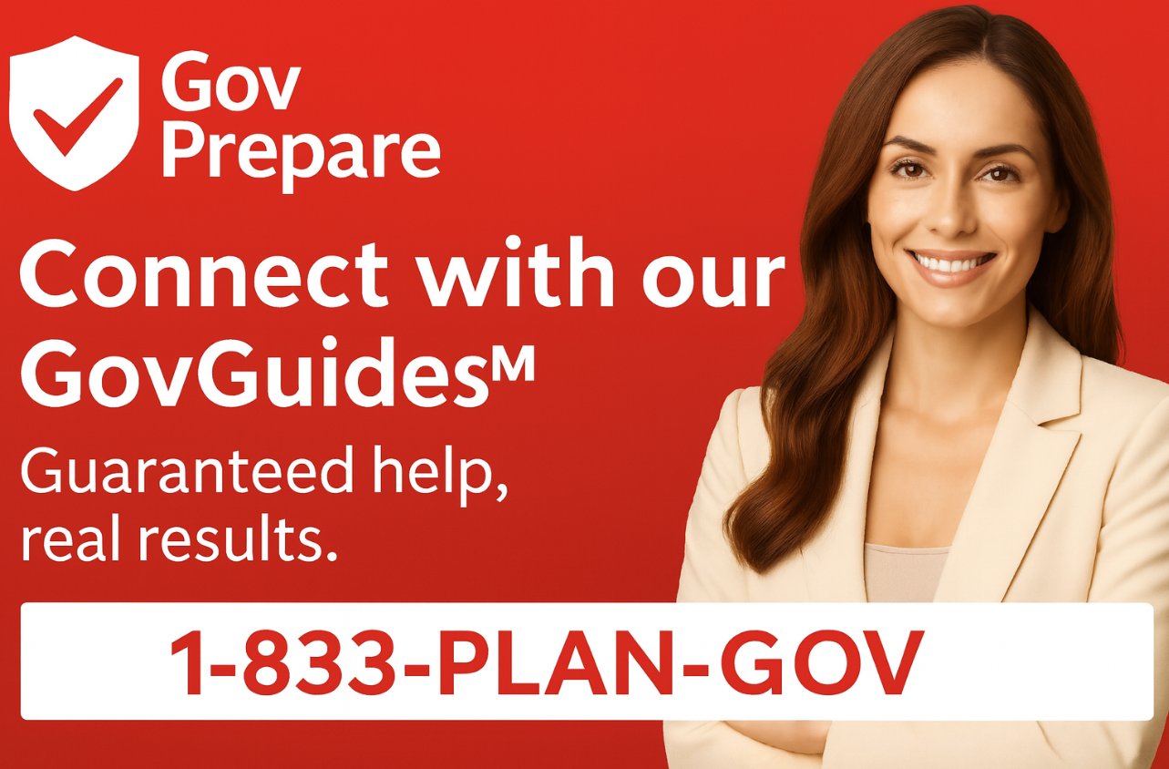 GovPrepare™ branding with text reading “Connect with our GovGuides™ – Guaranteed help, real results” and the phone number 1-833-PLAN-GOV.
