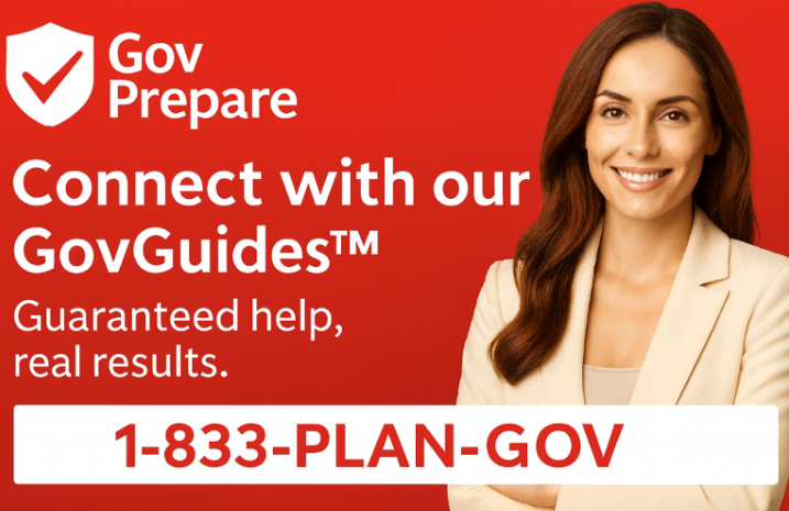 GovPrepare Connect with GovGuides banner with phone number 1-833-PLAN-GOV and smiling professional woman.